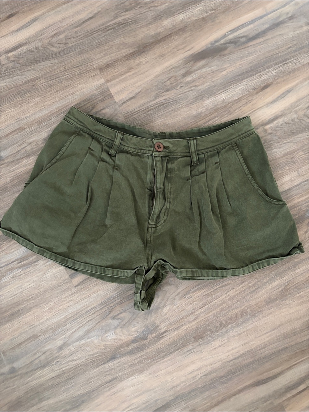 Free People Olive Green High-Waist Pleated Shorts